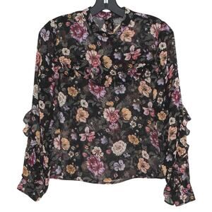 Black Floral Sheer Ruffle Top S Boho Cottagecore Festival Romantic Whimsigoth